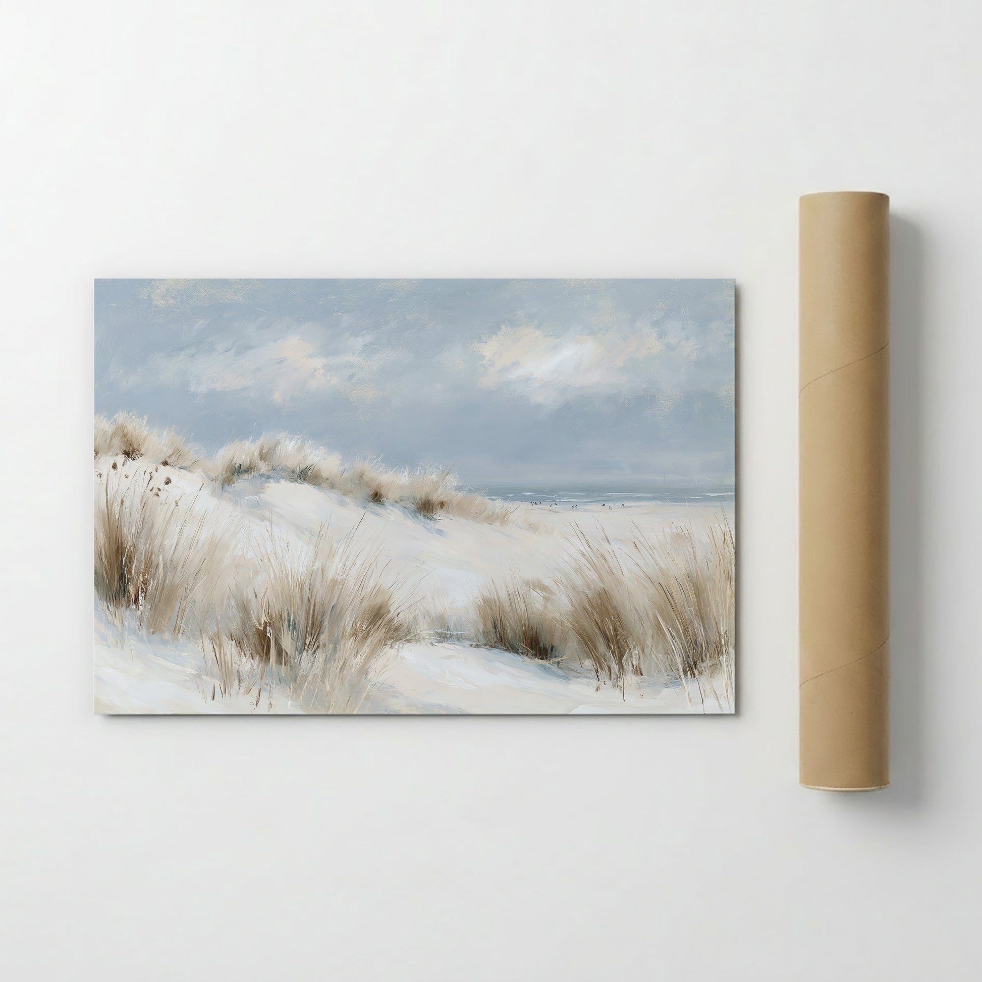 The image is a painting of a snowy landscape with tall grasses in the foreground and a body of water in the background.