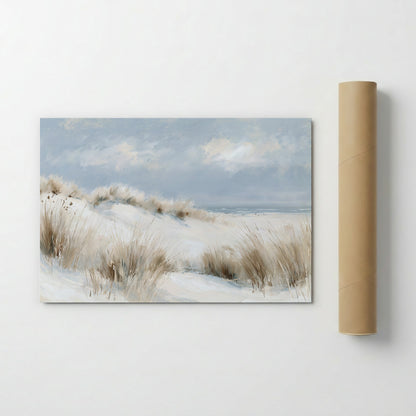 The image is a painting of a snowy landscape with tall grasses in the foreground and a body of water in the background.