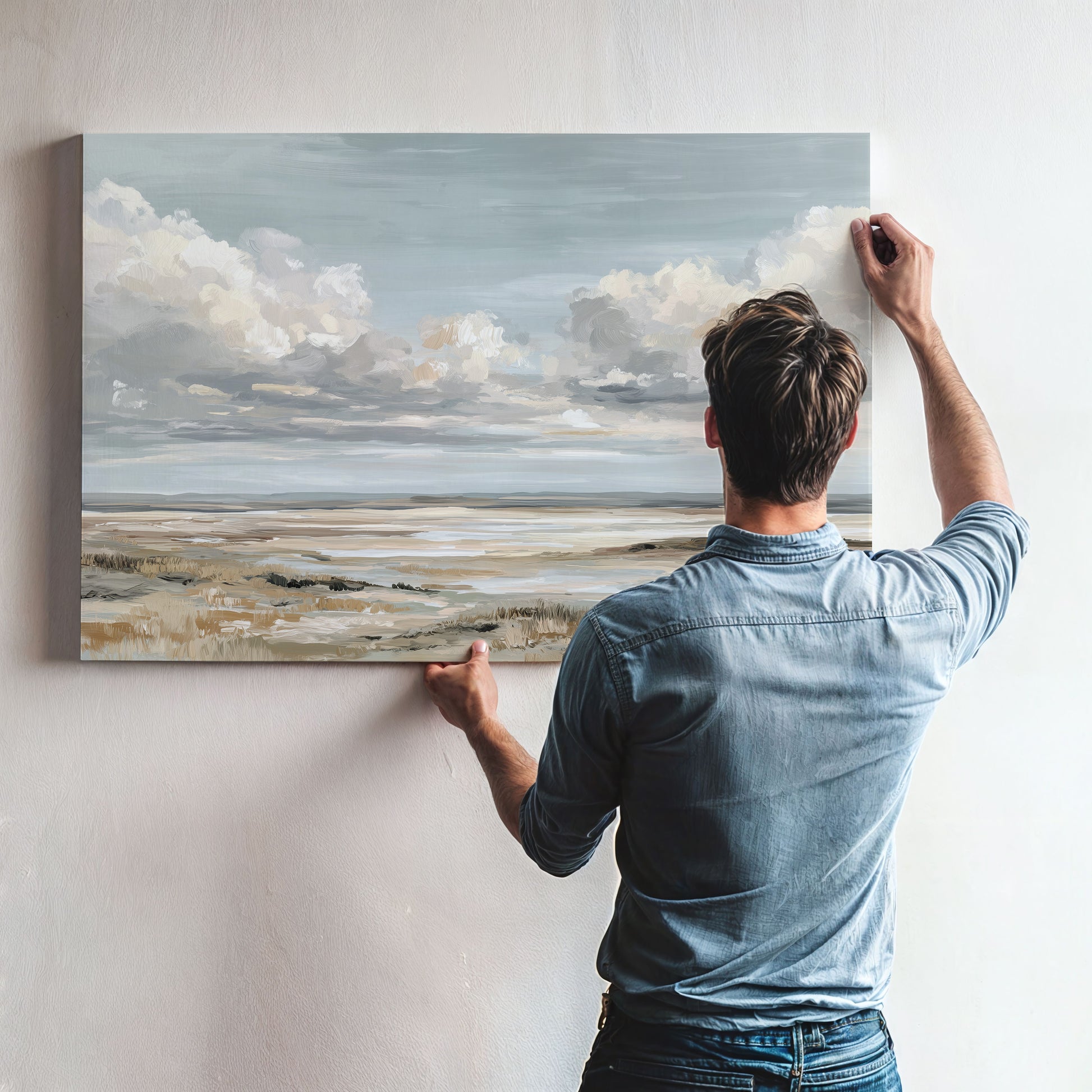 A man is hanging a large landscape painting on a wall, which depicts a serene scene of a cloudy sky over a field.