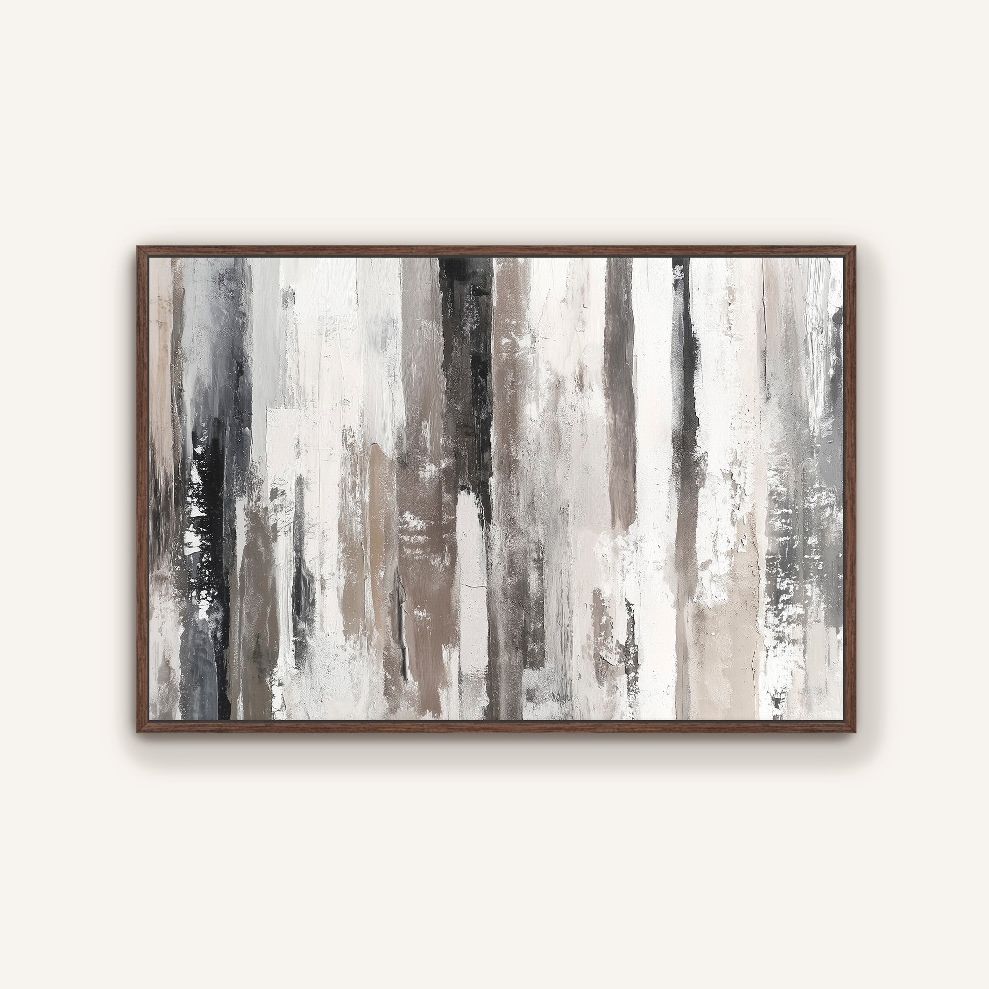 The image is a framed abstract painting with vertical lines in various shades of gray and white, creating a sense of depth and dimension.