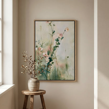 a wooden stool with a vase of flowers and a framed painting of flowers hanging on the wall above it.