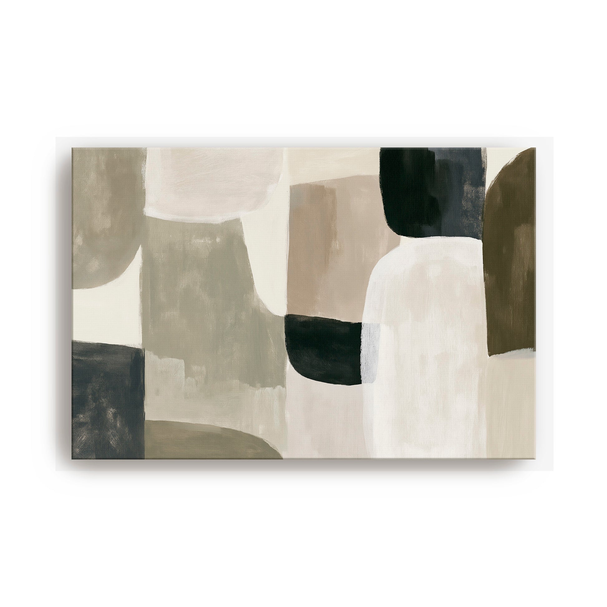 The image is a modern abstract art piece featuring a variety of shapes and colors, including shades of gray, brown, and white.