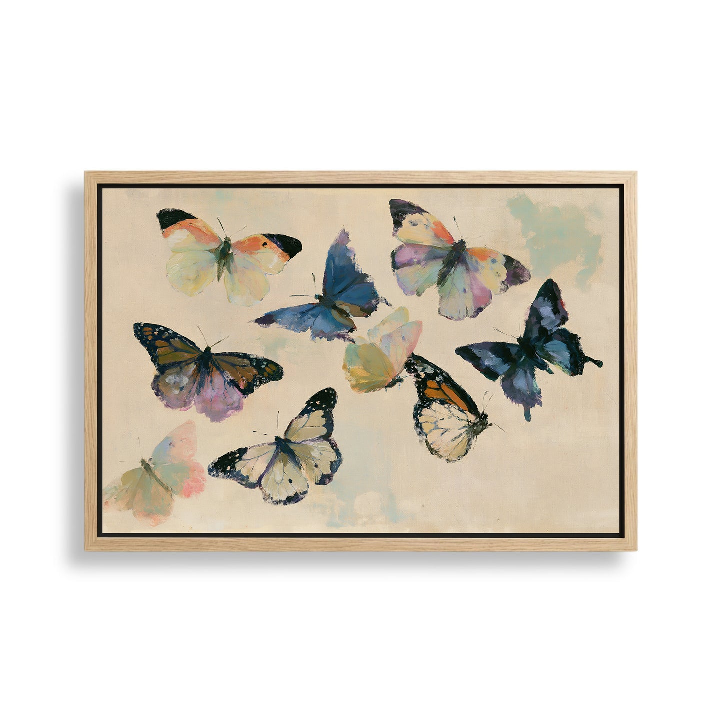 The image is a framed painting depicting a group of colorful butterflies in various stages of flight.