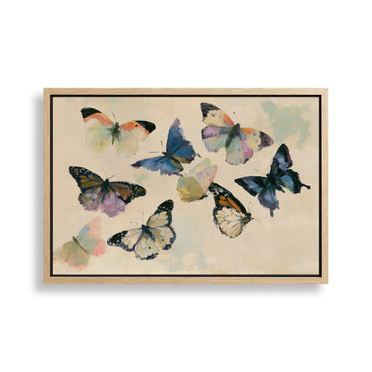 The image is a framed painting depicting a group of colorful butterflies in various stages of flight.