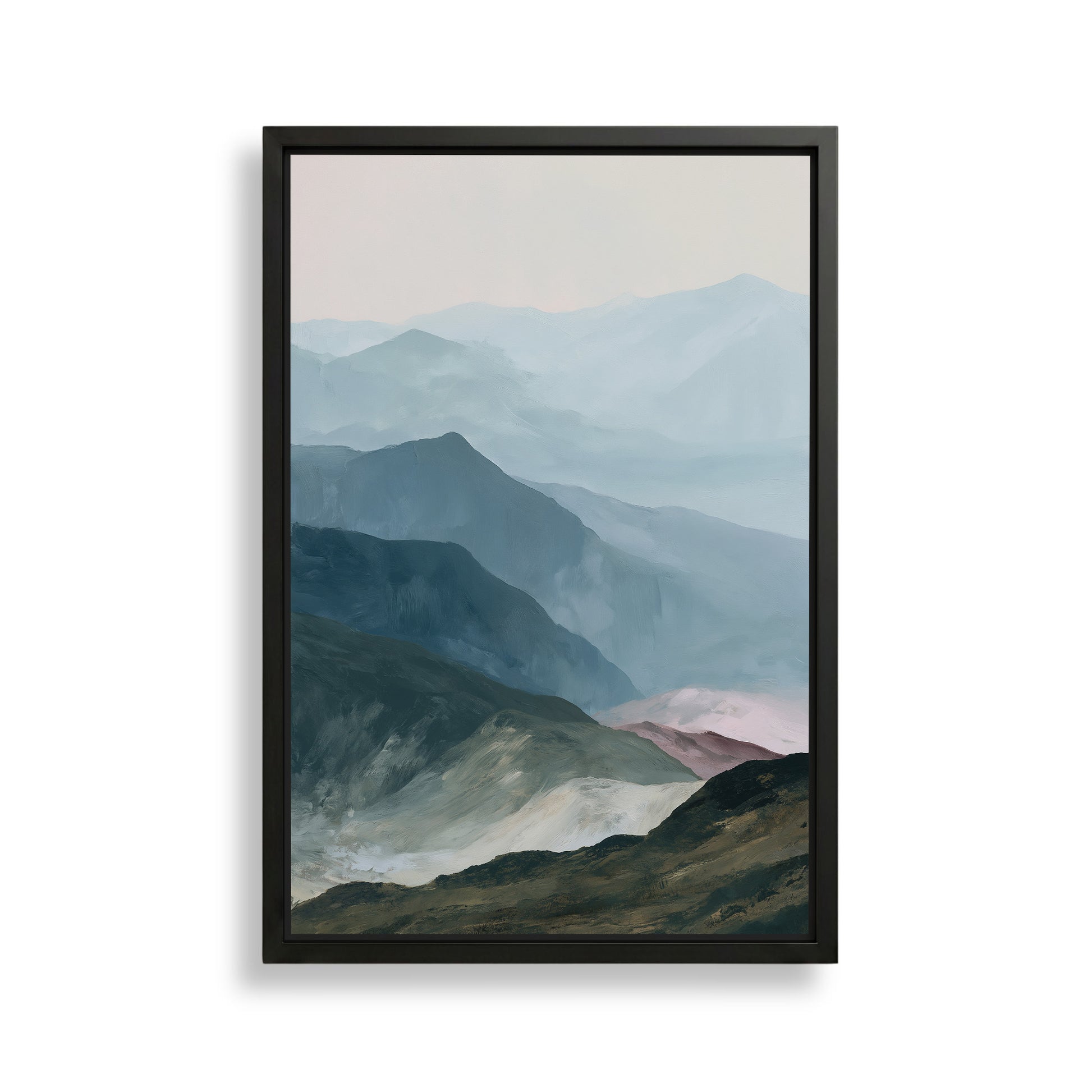 The image is a framed painting depicting a mountainous landscape with a hazy, misty atmosphere.