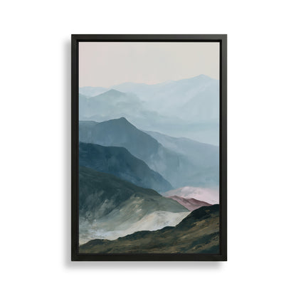 The image is a framed painting depicting a mountainous landscape with a hazy, misty atmosphere.