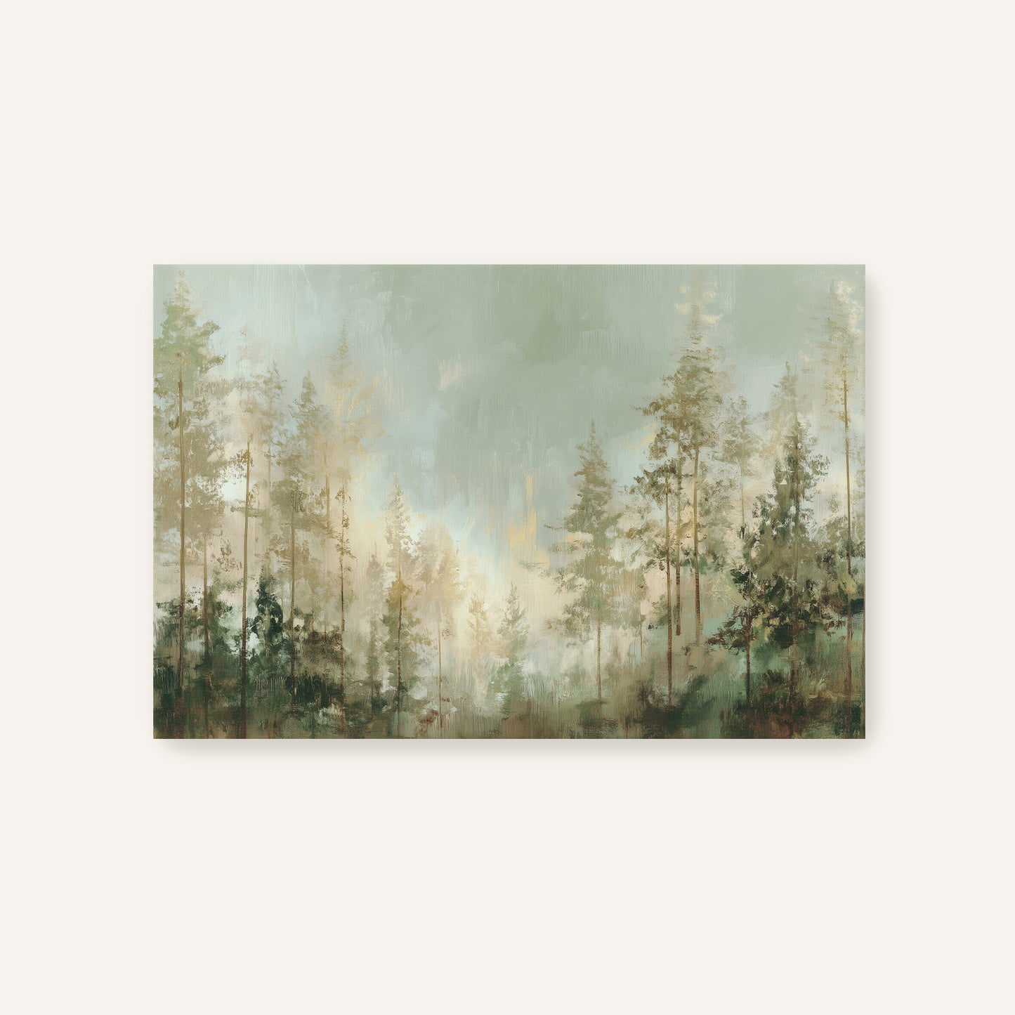 a serene forest scene with tall trees and a misty, hazy atmosphere.