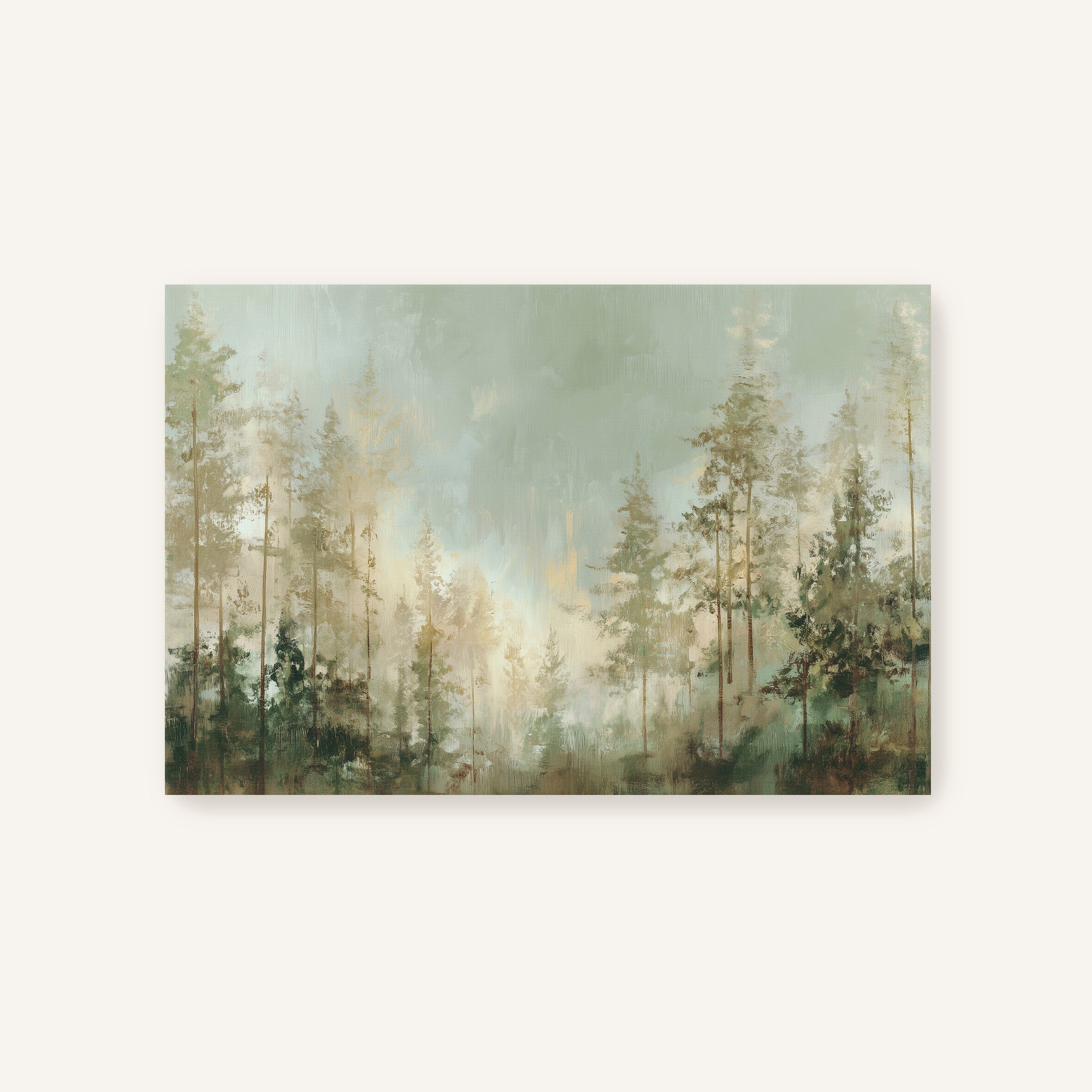 a serene forest scene with tall trees and a misty, hazy atmosphere.