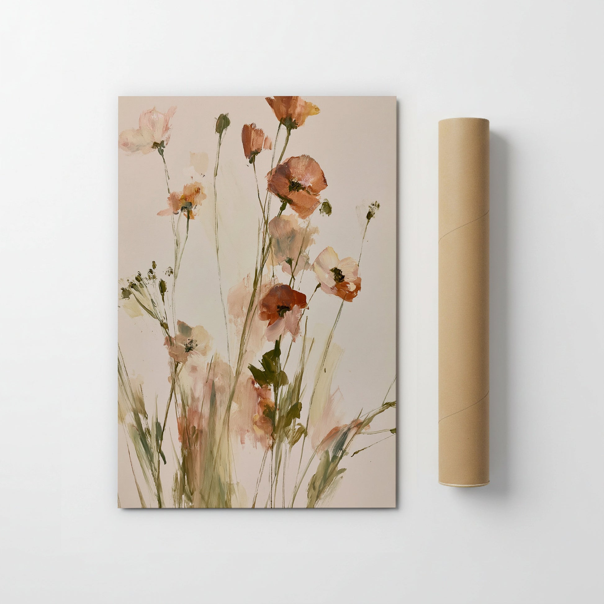 The image is a painting of flowers, specifically a bouquet of red and white flowers, displayed on a white wall.