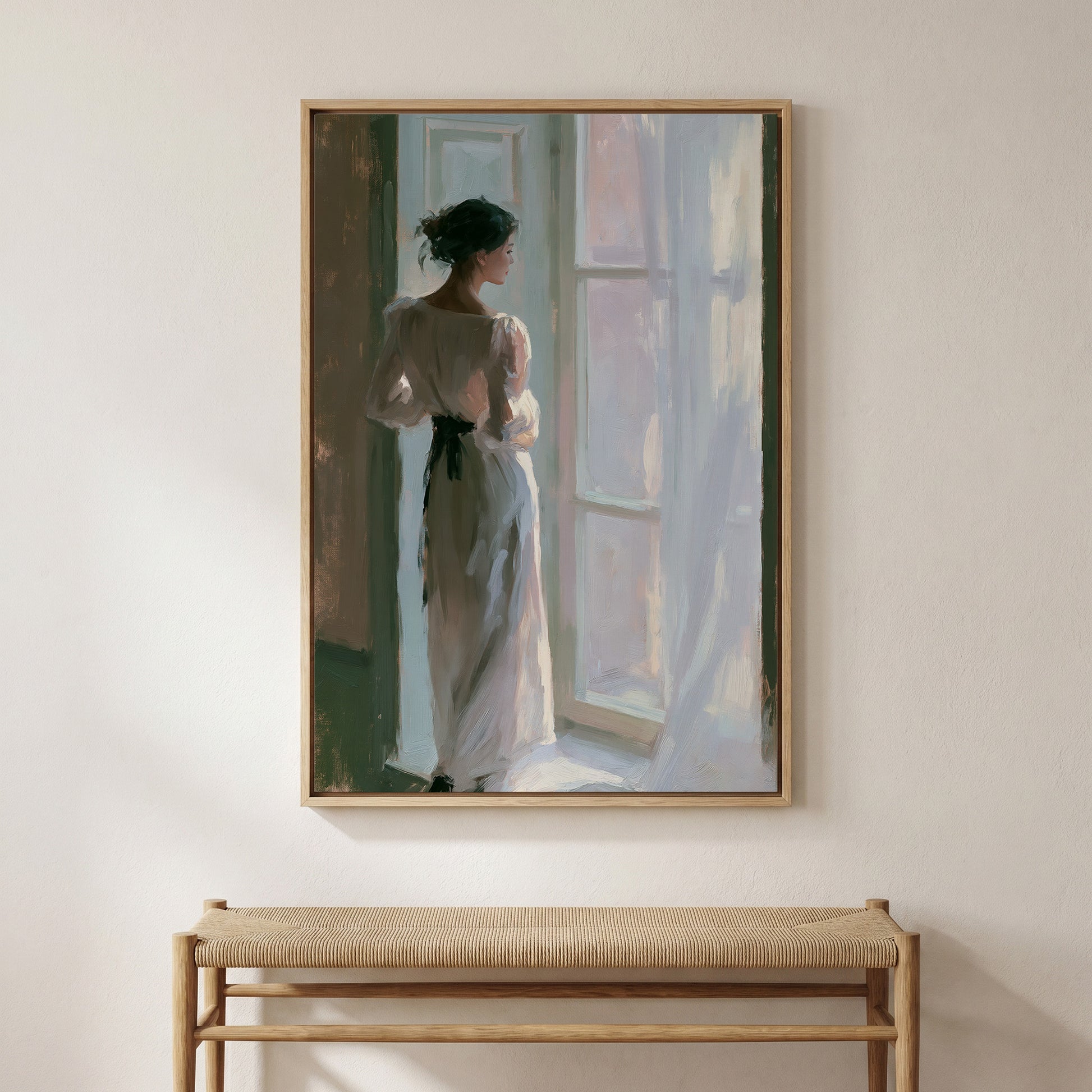 The image is a framed painting depicting a woman in a white dress standing in front of a window, looking out.