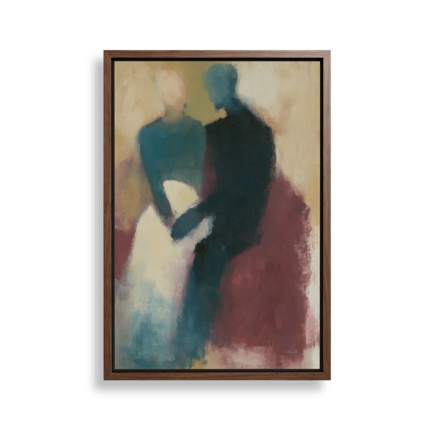 The image is an abstract painting featuring two figures, one in a blue dress and the other in a black suit, standing close together.
