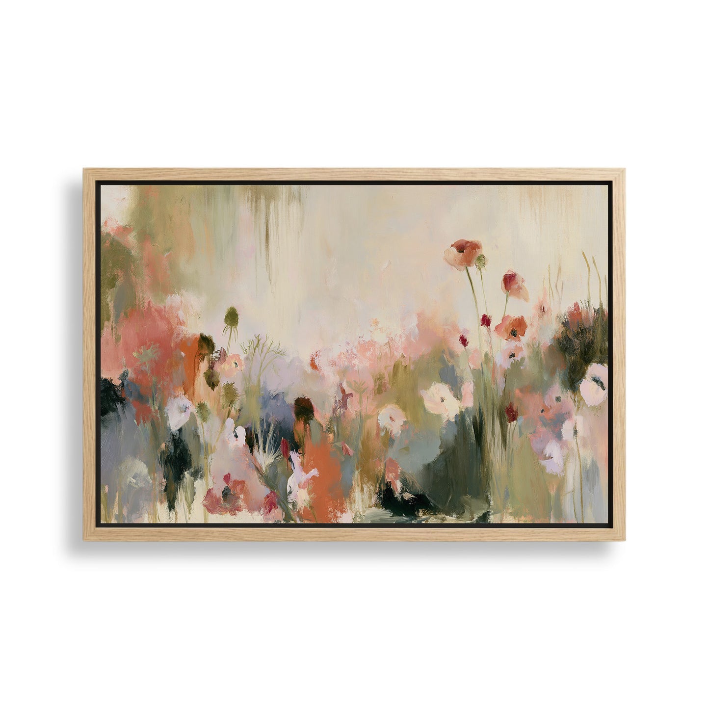 The image is a framed painting depicting a field of colorful flowers, including red, pink, and white blooms, set against a pale background.