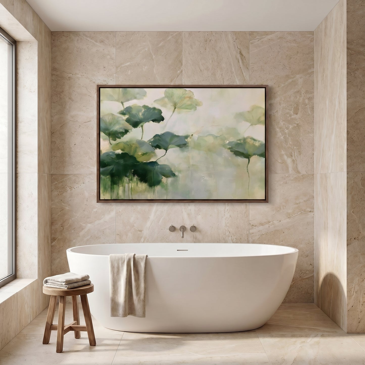 a serene and modern bathroom with a large, white freestanding bathtub, a wooden stool, and a framed painting of green leaves on the wall above the bathtub.