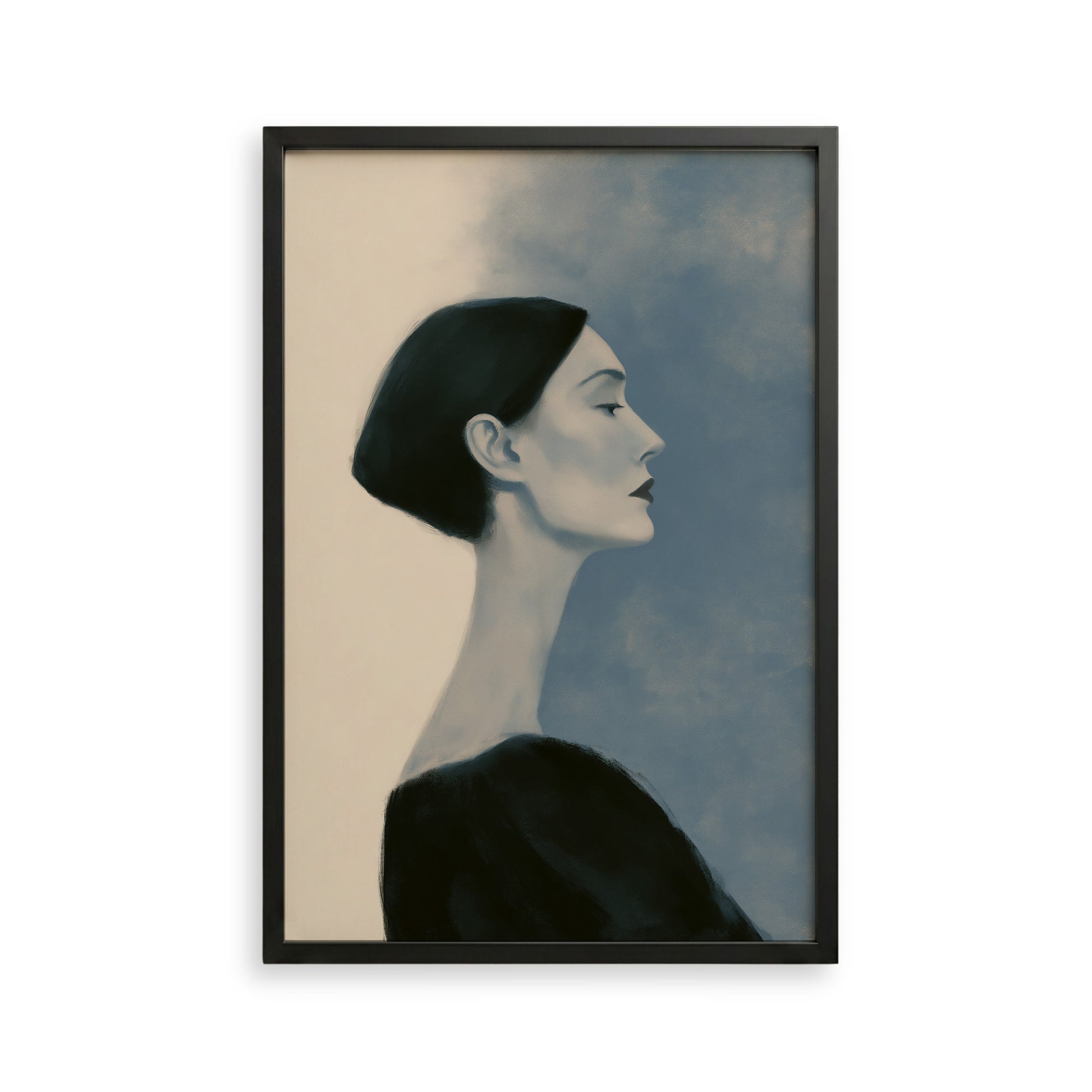 A black and white portrait of a woman with a pensive expression, wearing a dark top.