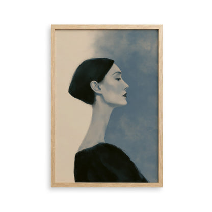 A black and white portrait of a woman with a pensive expression, wearing a dark top.