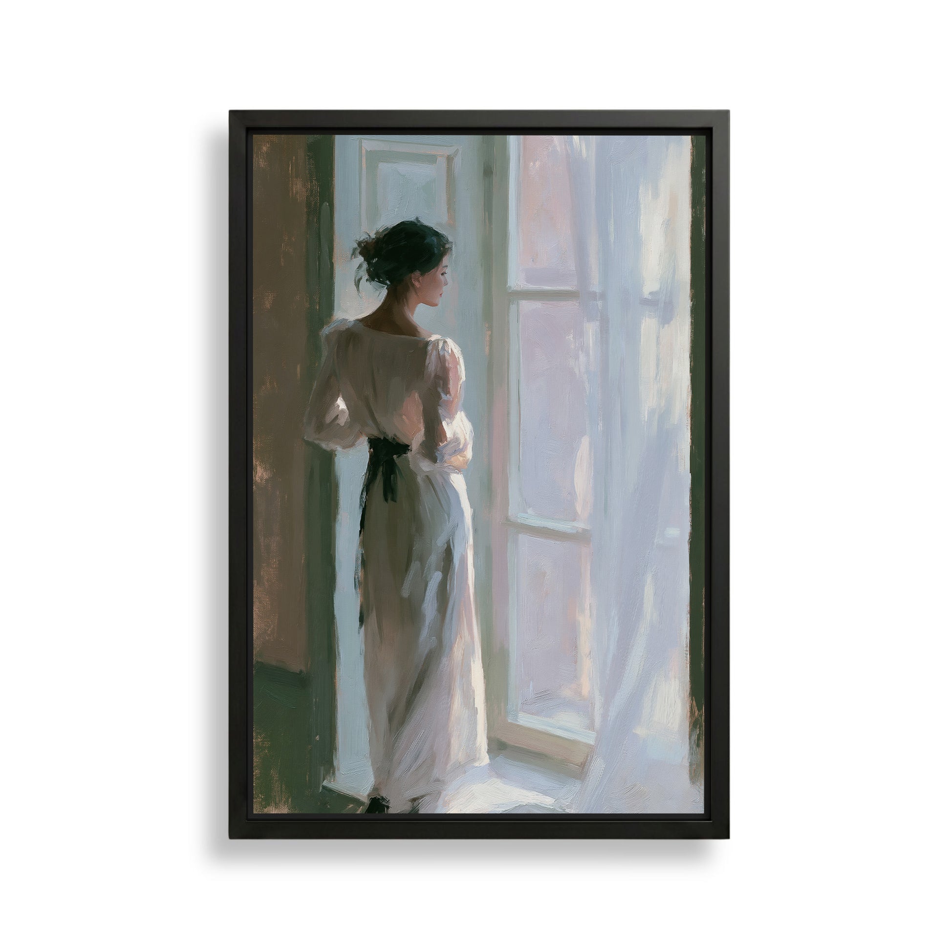 A woman in a long white dress stands in front of a window, gazing out at the world outside.