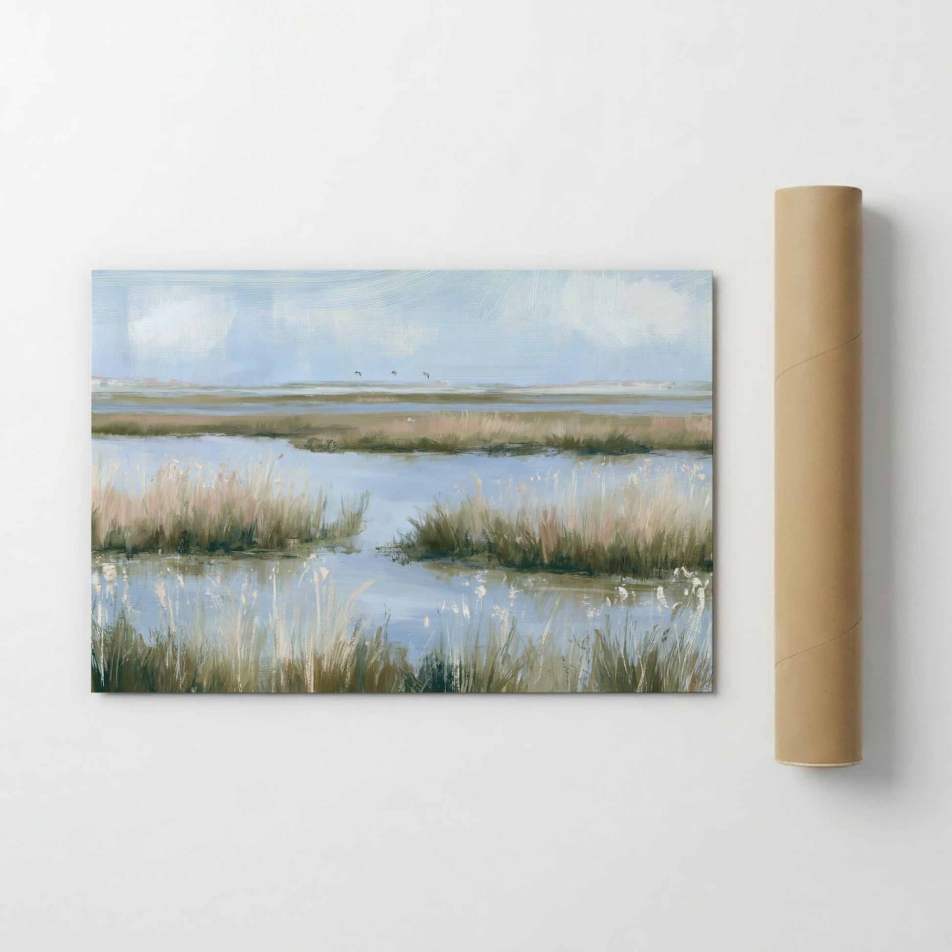 The image is a painting of a serene landscape depicting a body of water surrounded by tall grasses and a cloudy sky.