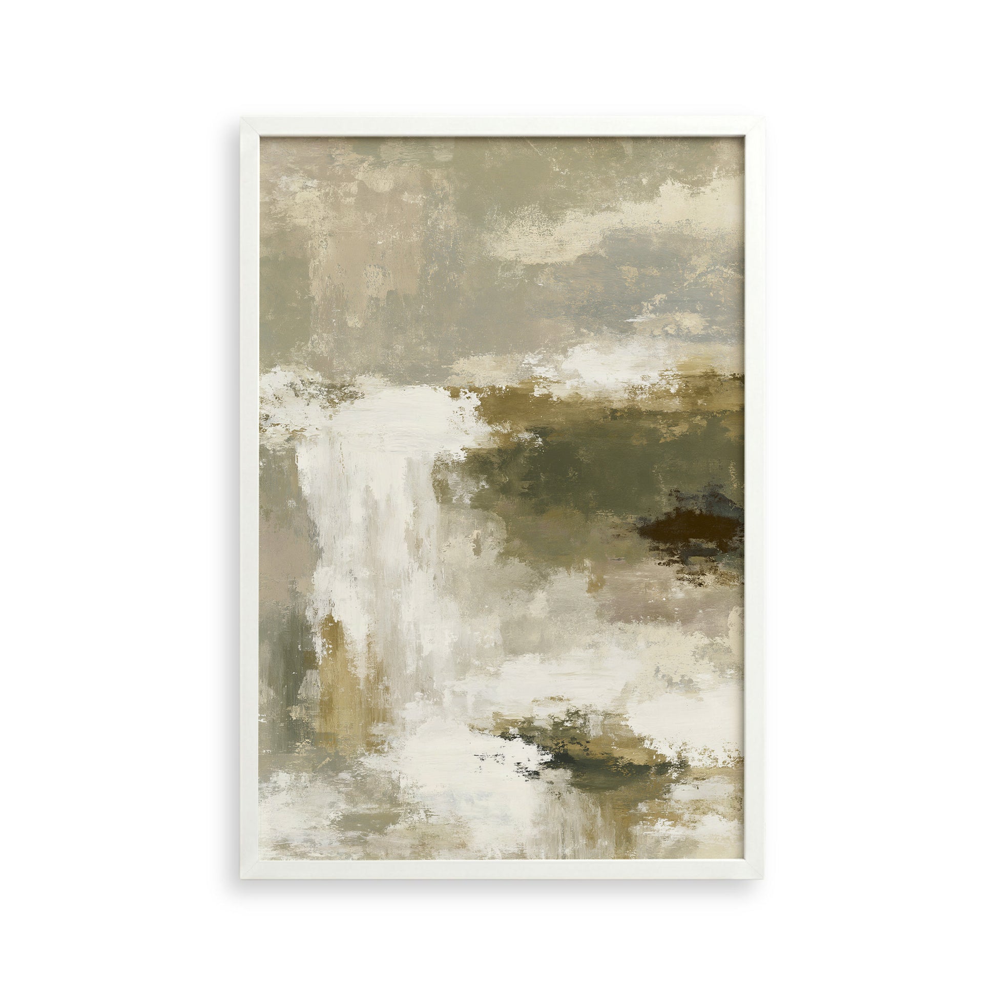 The image is a framed abstract painting with a predominantly green and white color palette. The painting features a landscape scene with a waterfall and clouds, creating a serene and tranquil atmosphere.