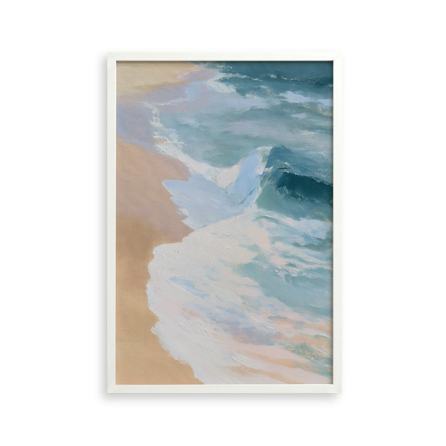 The image is a framed painting depicting a serene beach scene with waves gently lapping against the shore.