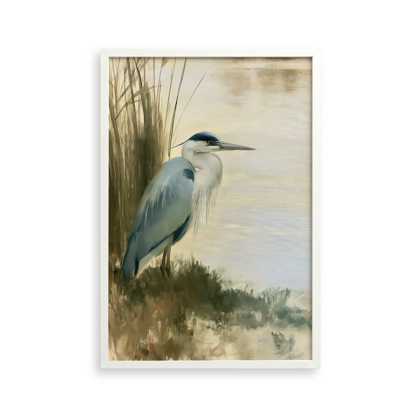 A blue heron standing on the bank of a body of water, surrounded by tall grasses.