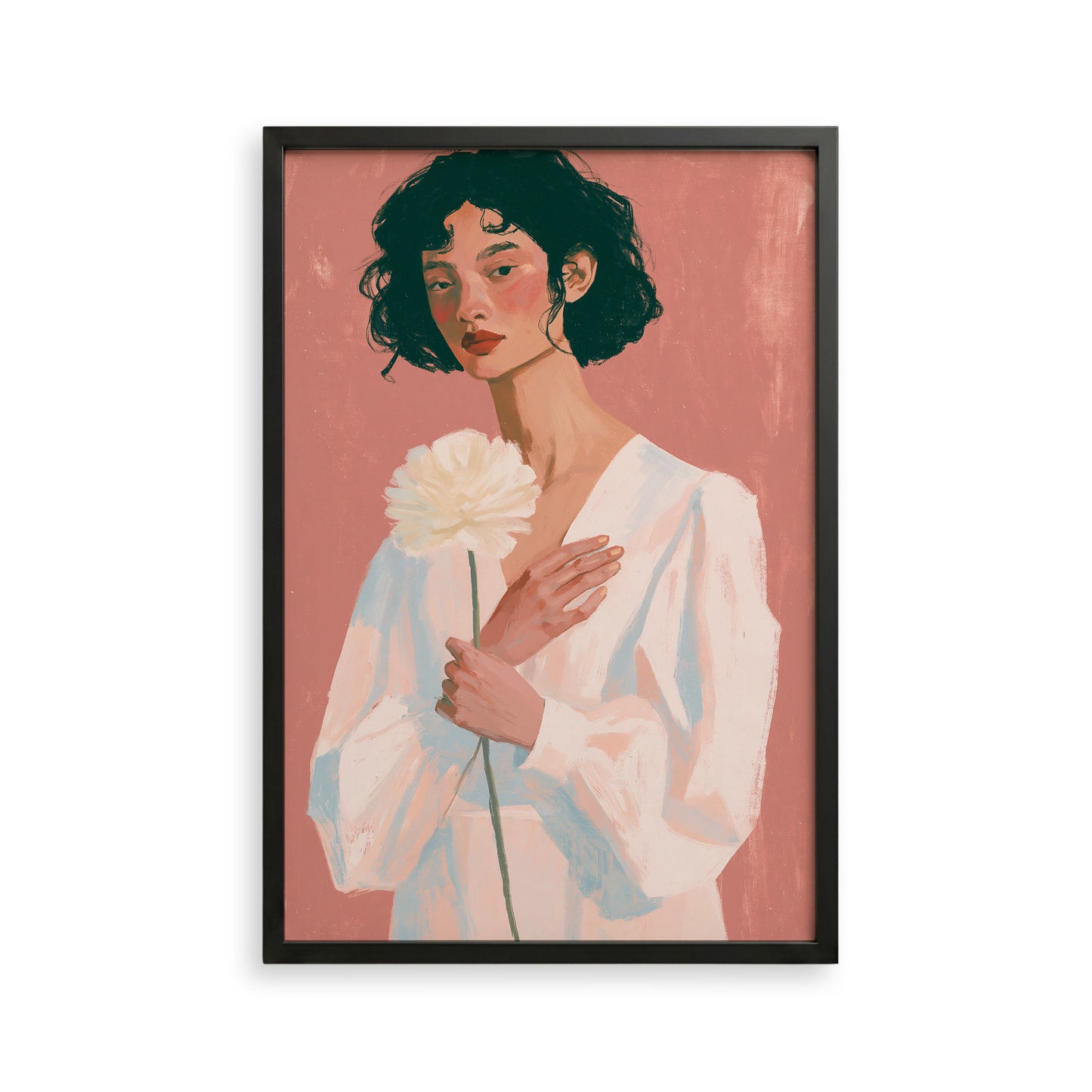 A framed illustration of a woman holding a white flower against a pink background.