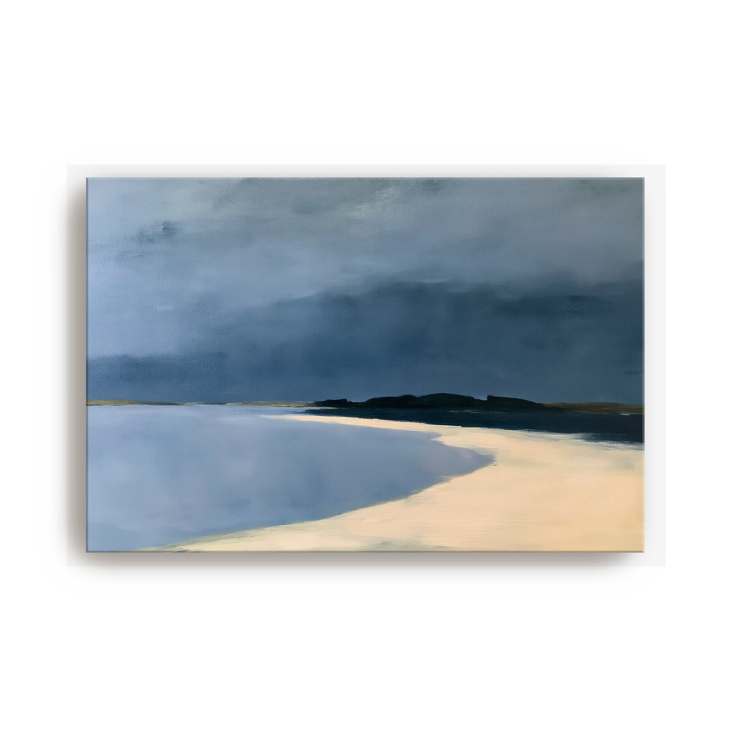 a serene landscape with a calm body of water and a sandy beach, set against a backdrop of a cloudy sky.