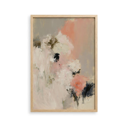 The image is an abstract painting with a predominantly pink and white color palette, featuring various brushstrokes and textures.