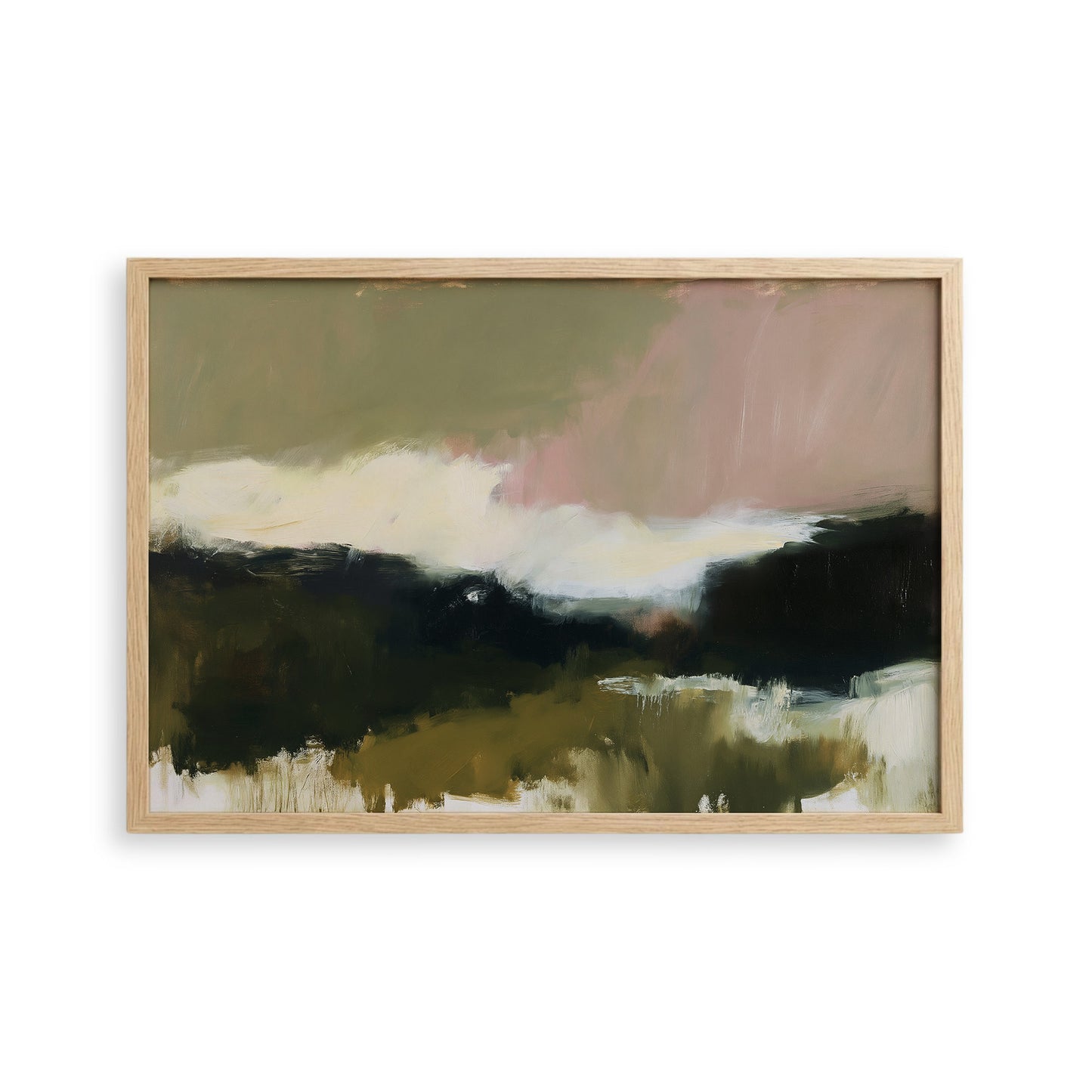 The image is an abstract landscape painting with a predominantly green and brown color palette, featuring a cloudy sky and a mountainous terrain.