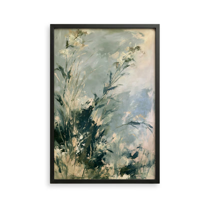 The image is an abstract painting featuring a mix of green and white colors, with brushstrokes that create a sense of movement and depth.