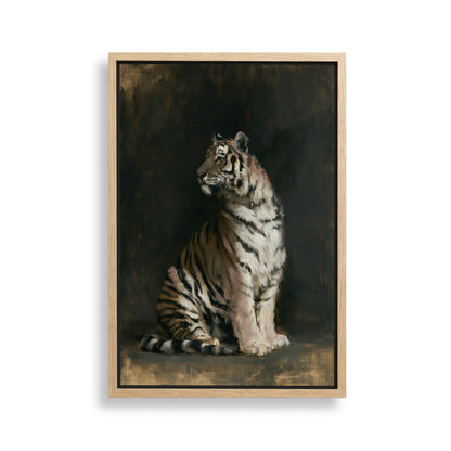 A painting of a tiger sitting in a dark, moody setting.