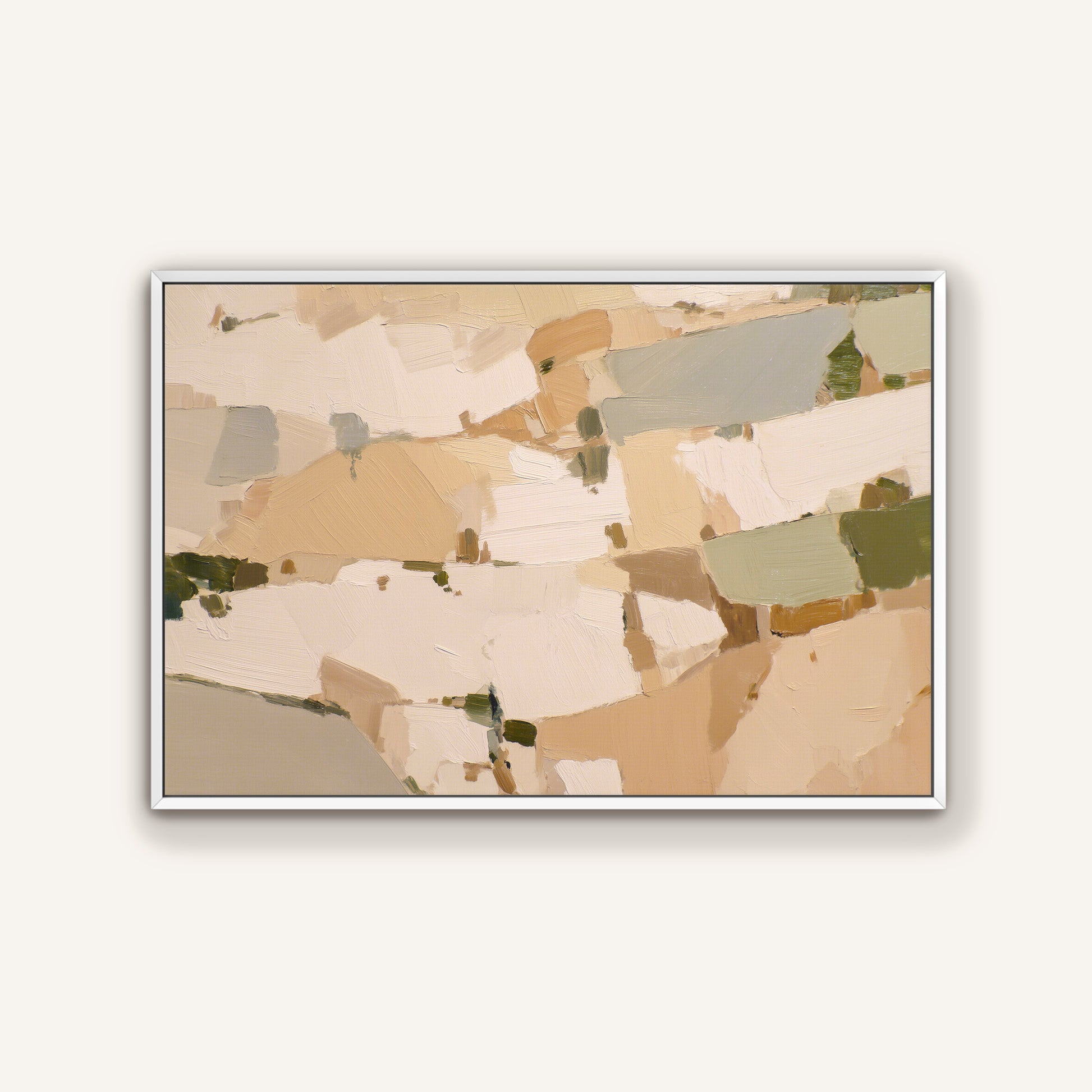 The image is a framed abstract painting with a predominantly beige and brown color palette. The painting features various shapes and textures, creating a visually interesting and dynamic composition.