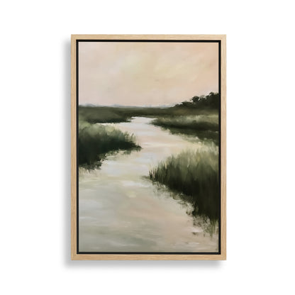 The image is a painting depicting a serene landscape with a river or stream flowing through a lush, green environment.