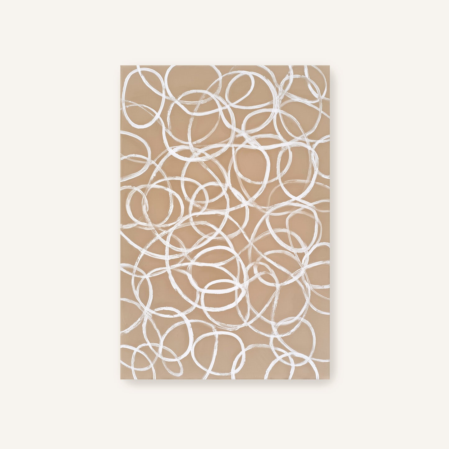 a repeating pattern of white circles on a beige background.