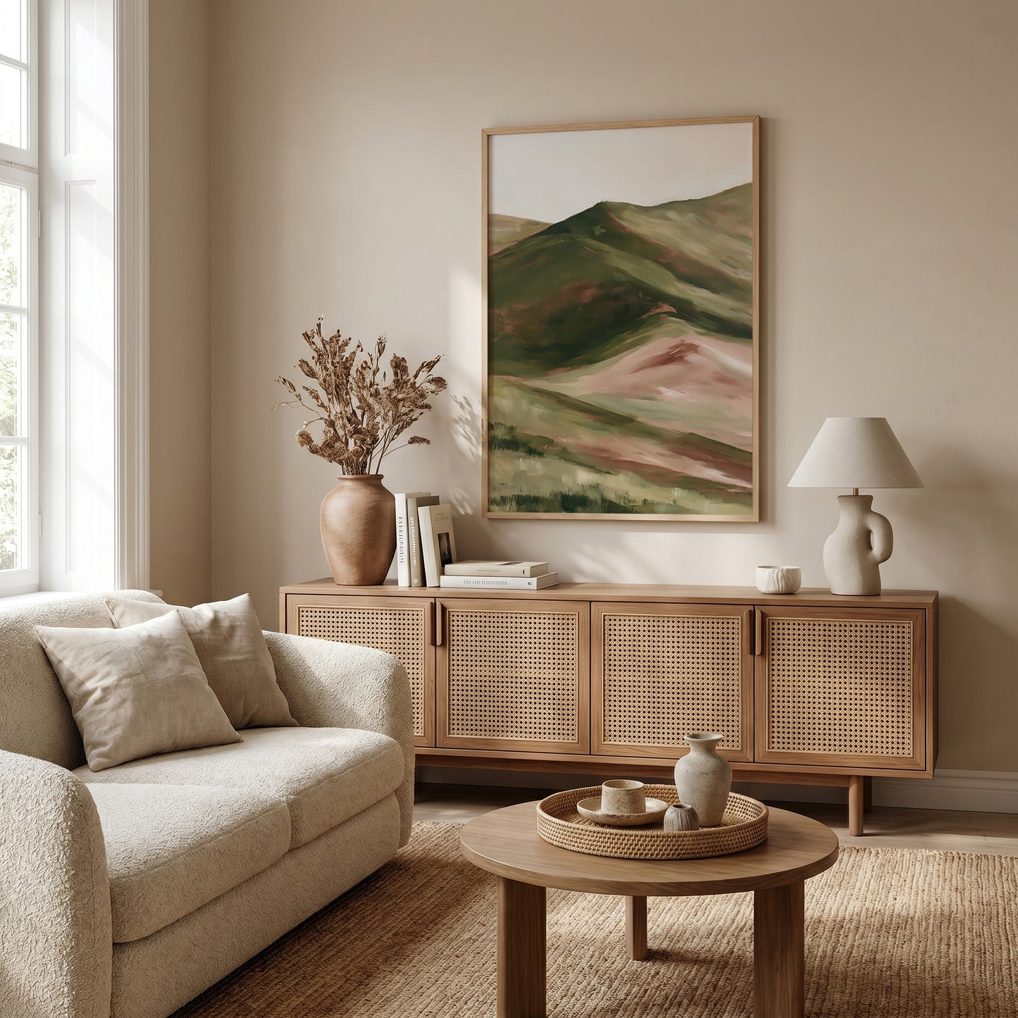 a cozy living room with a large painting of a mountain landscape hanging on the wall. The room is furnished with a beige sofa, a wooden sideboard, and a round coffee table. The room is illuminated by natural light coming through a window, creating a warm and inviting atmosphere.