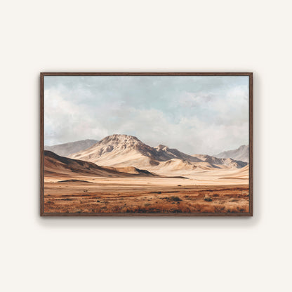 a vast, arid landscape with rolling hills and mountains in the distance, under a cloudy sky.