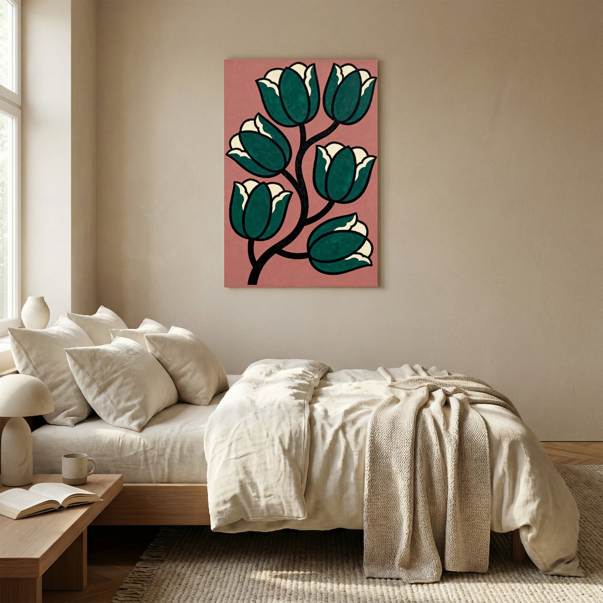 a bedroom with a bed, a nightstand, and a painting of a flower on the wall.