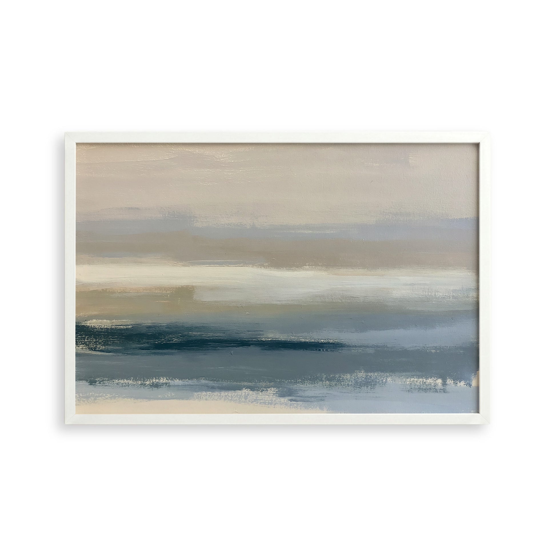 The image is a framed abstract painting depicting a serene landscape with a body of water and a cloudy sky.