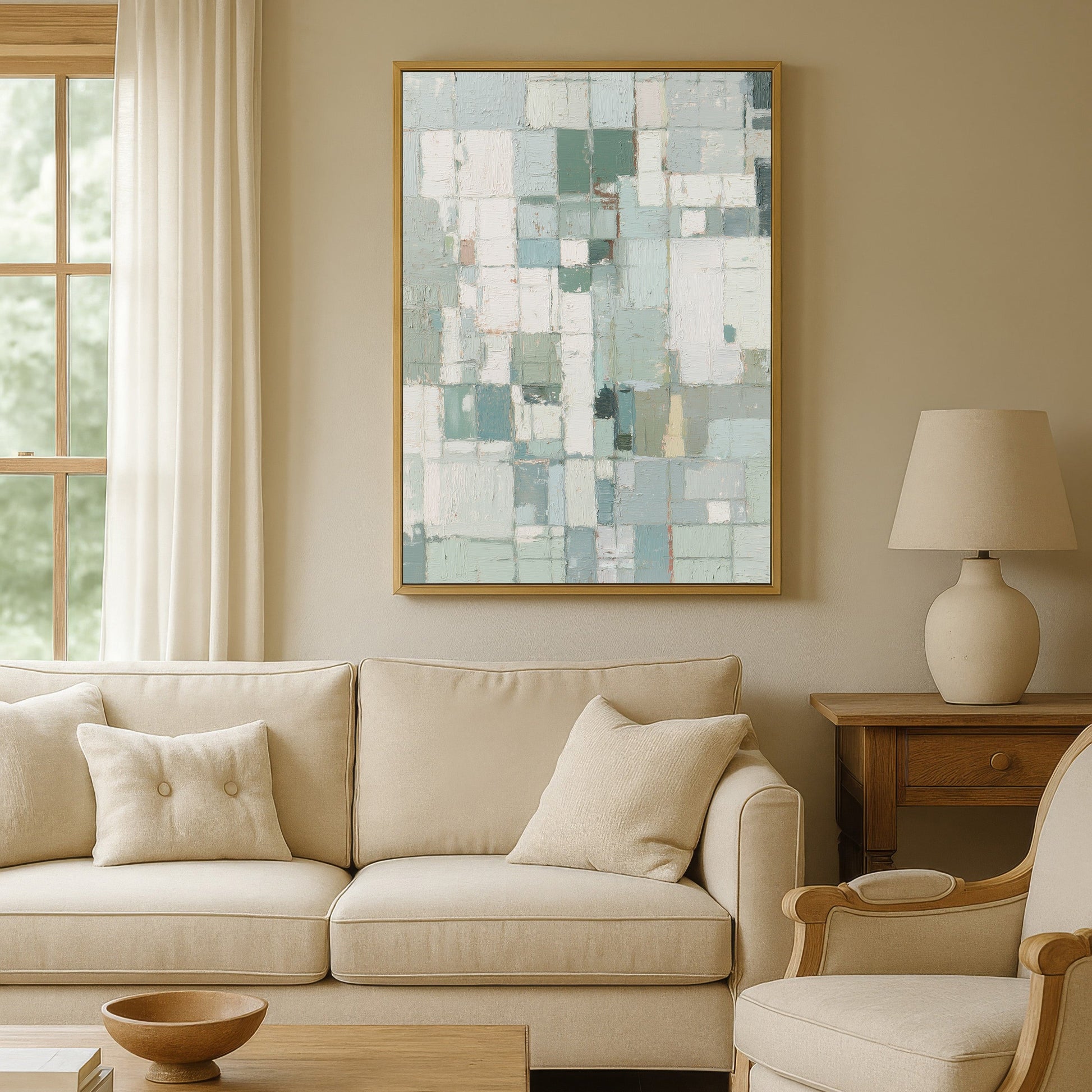 Abstract geometric canvas in gold frame above neutral sofa with wooden table.