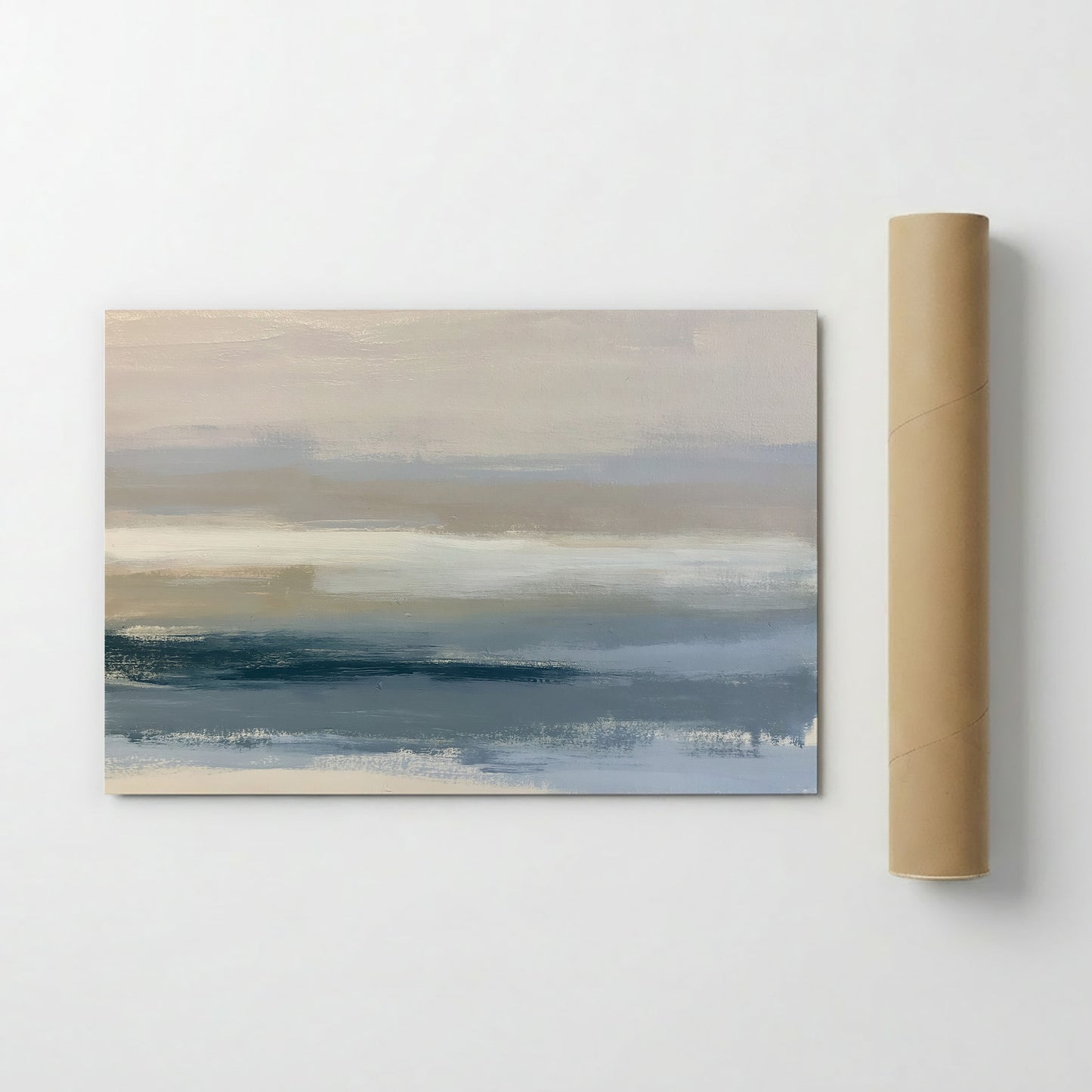The image is a painting of a serene landscape depicting a calm body of water, possibly a lake or a sea, with a cloudy sky in the background.