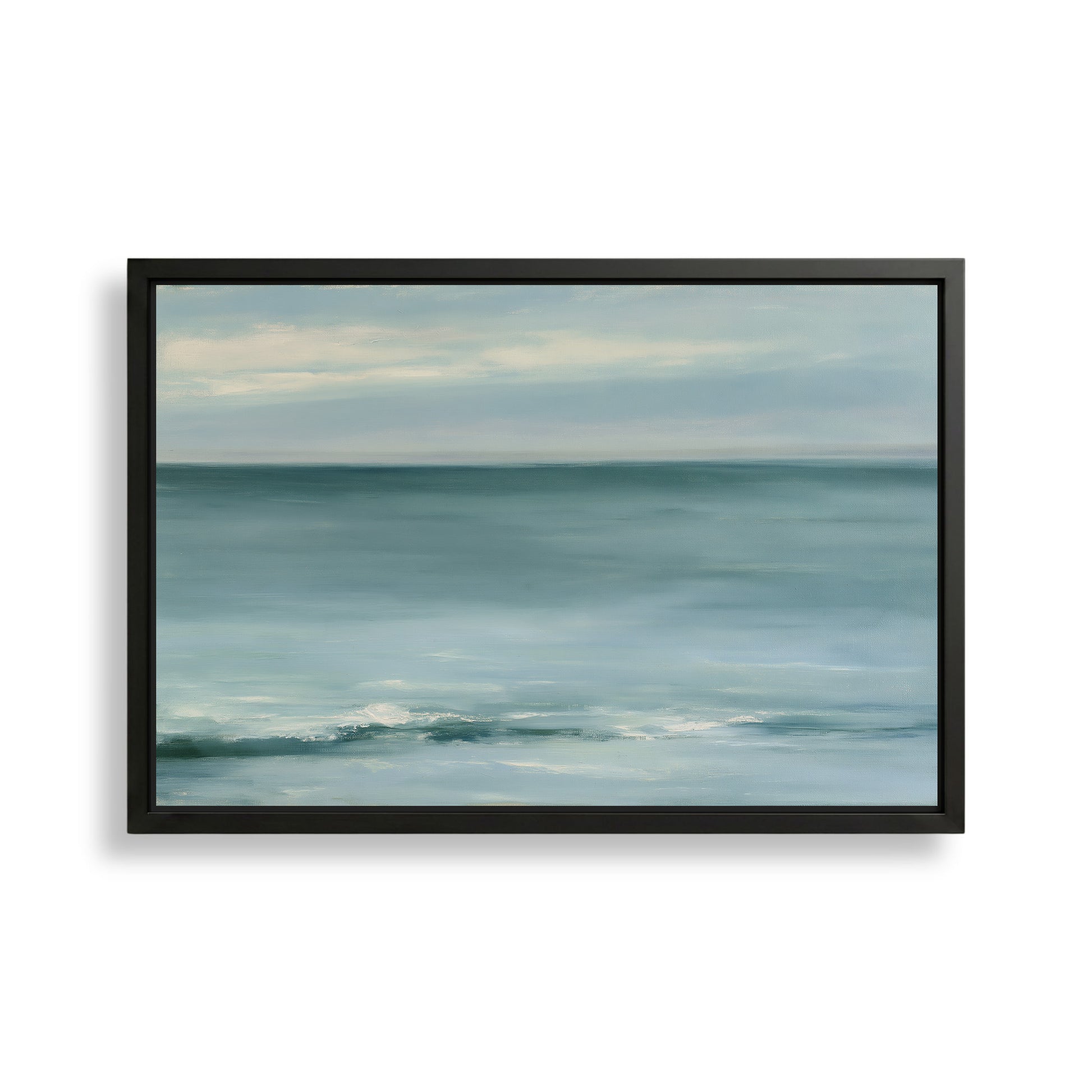 The image is a framed painting depicting a serene ocean scene with a calm, blue-green color palette.