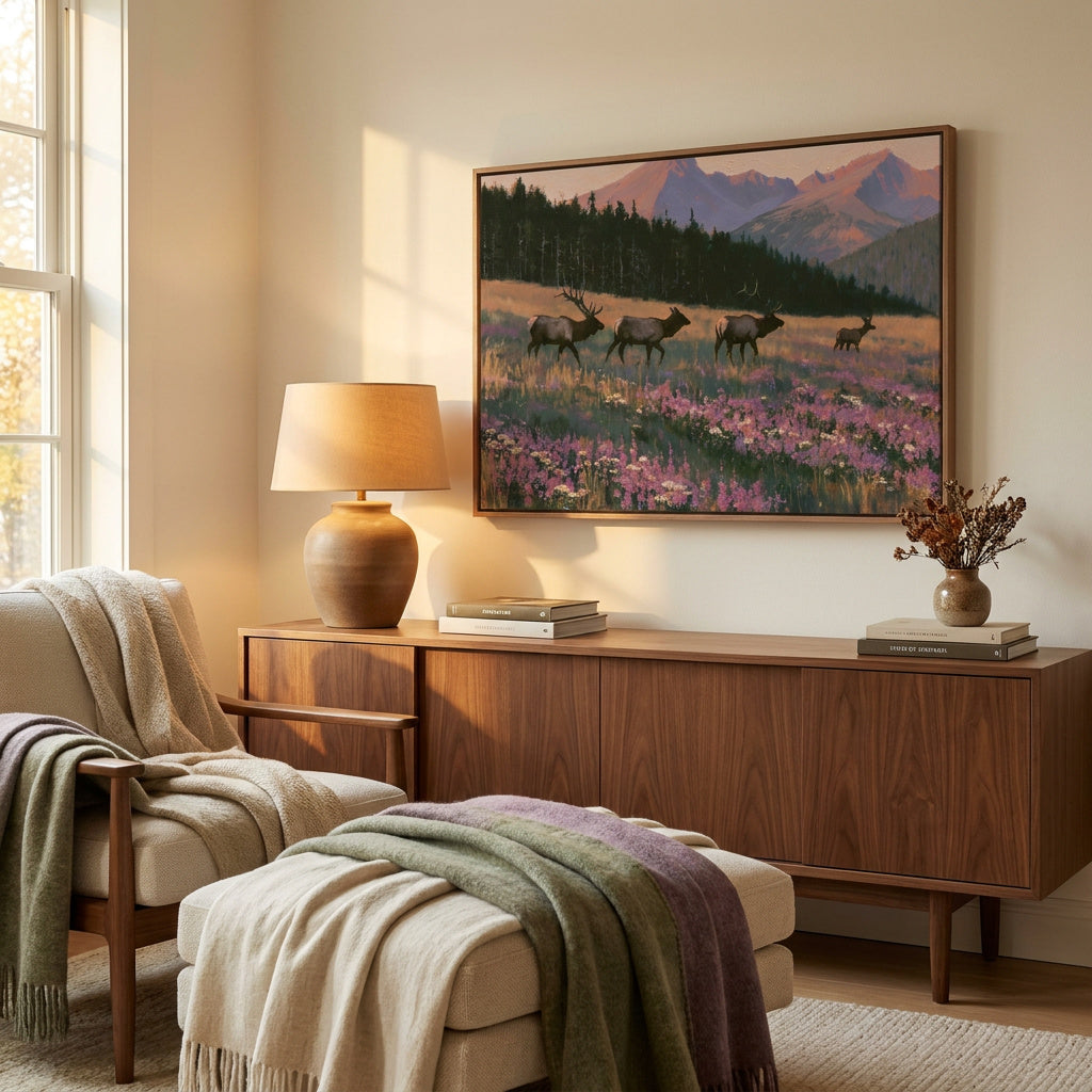 a cozy living room with a large painting of a serene landscape featuring a field of flowers and mountains in the background. The room is furnished with a wooden sideboard, a lamp, and a comfortable chair. A large window allows natural light to fill the space, creating a warm and inviting atmosphere.