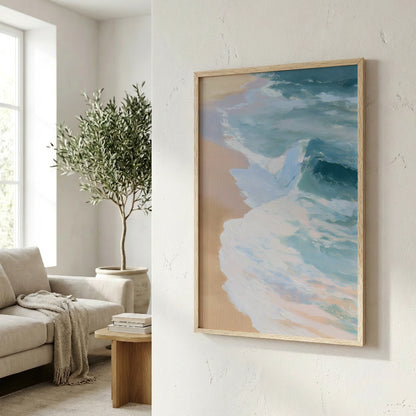 a living room with a large framed painting of a beach scene hanging on the wall. The painting depicts a serene beach with waves crashing against the shore. The room is decorated with a white sofa, a wooden coffee table, and a potted plant. The overall atmosphere of the room is calm and relaxing, with the beach painting adding a touch of natural beauty to the space.