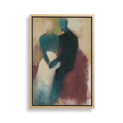 The image is an abstract painting featuring two figures, one in a blue dress and the other in a black suit, standing close together.