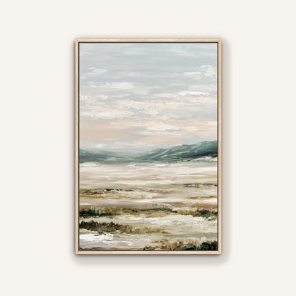The image is a framed landscape painting depicting a serene scene of a body of water surrounded by mountains and hills.