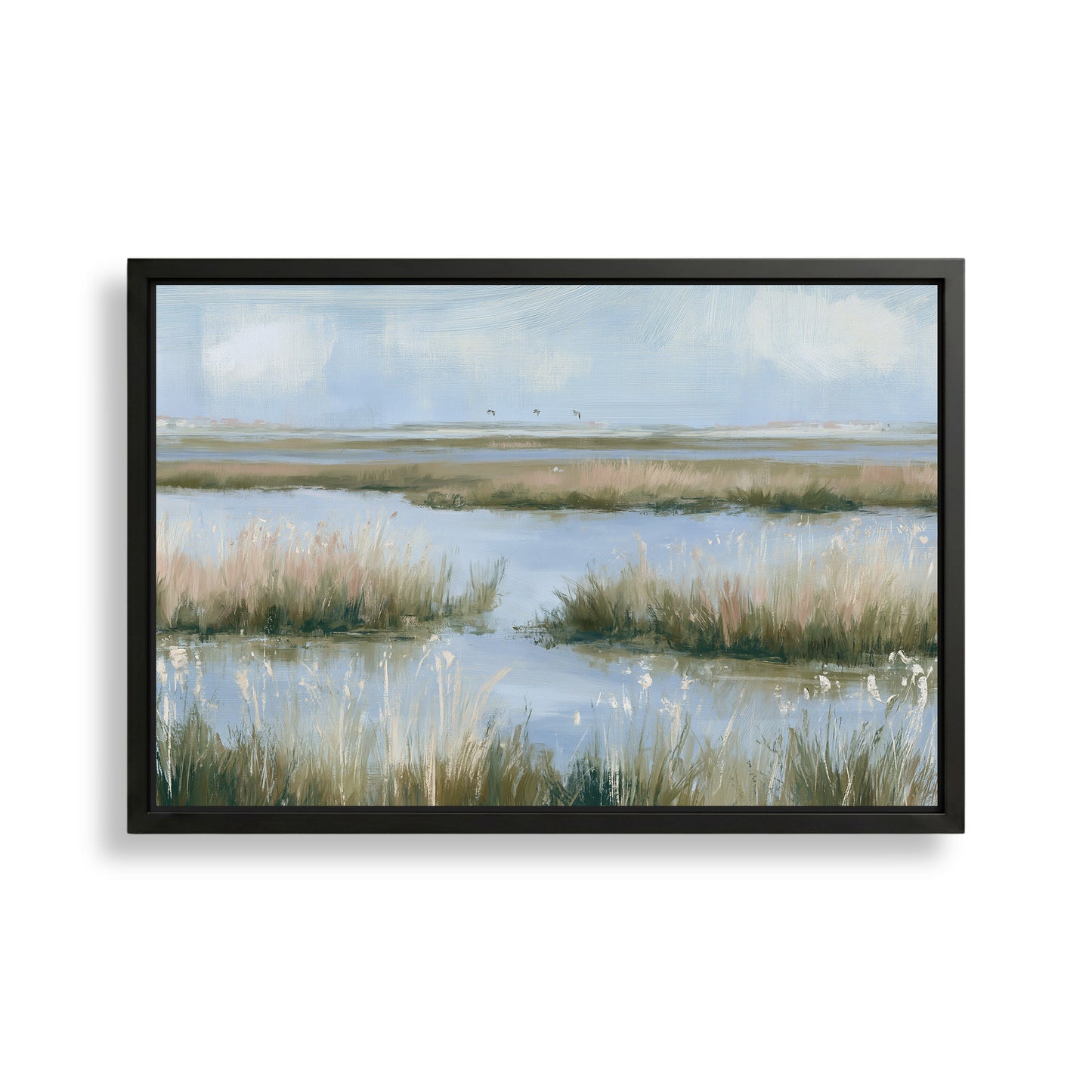 The image is a framed painting depicting a serene landscape with a body of water surrounded by tall grasses and a cloudy sky.