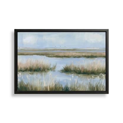 The image is a framed painting depicting a serene landscape with a body of water surrounded by tall grasses and a cloudy sky.