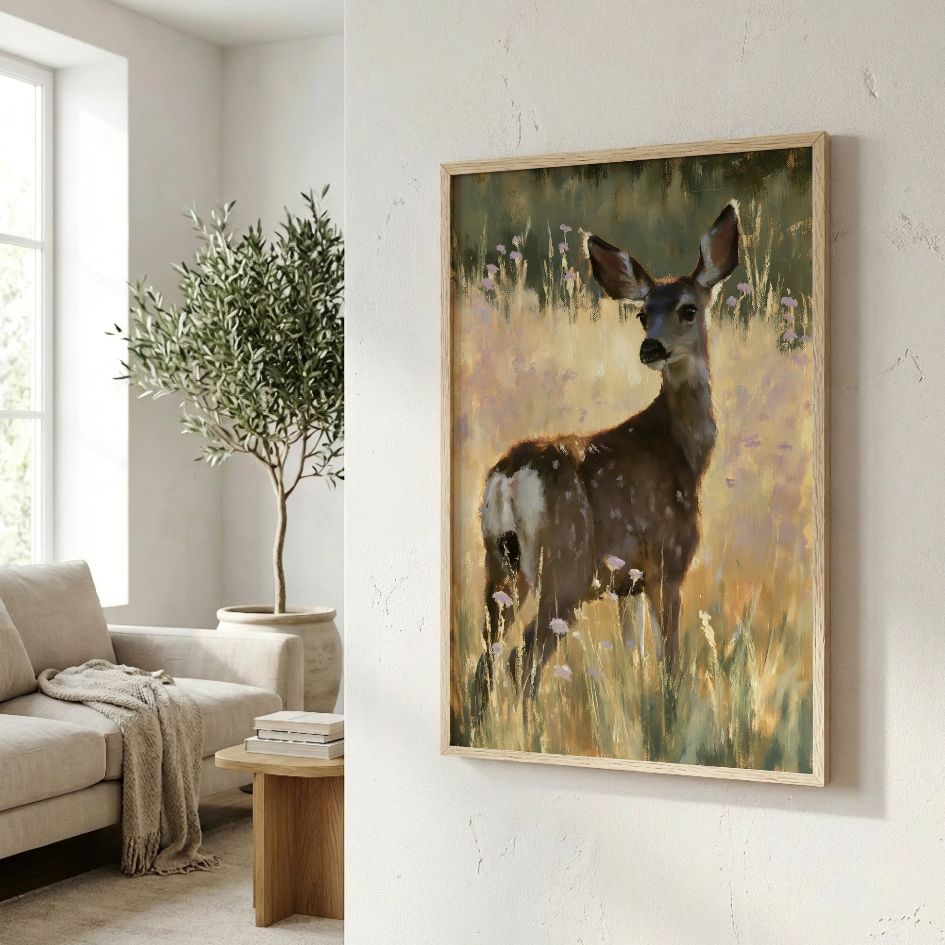 a framed painting of a deer standing in a field of tall grass, with a potted plant and a window in the background.