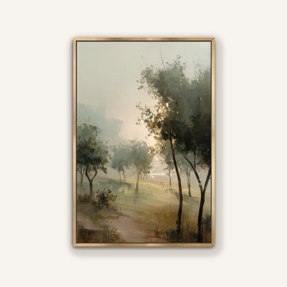 The image is a painting of a serene landscape featuring a path winding through a forest of trees with a hazy, dreamlike atmosphere.