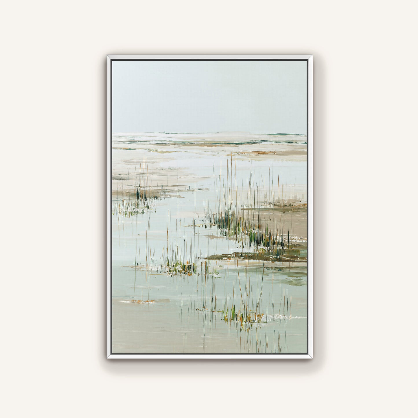 The image is a painting depicting a serene landscape with a body of water, possibly a lake or a pond, surrounded by tall grasses or reeds. The painting has a calming and peaceful atmosphere, with the colors predominantly being shades of green and gray.
