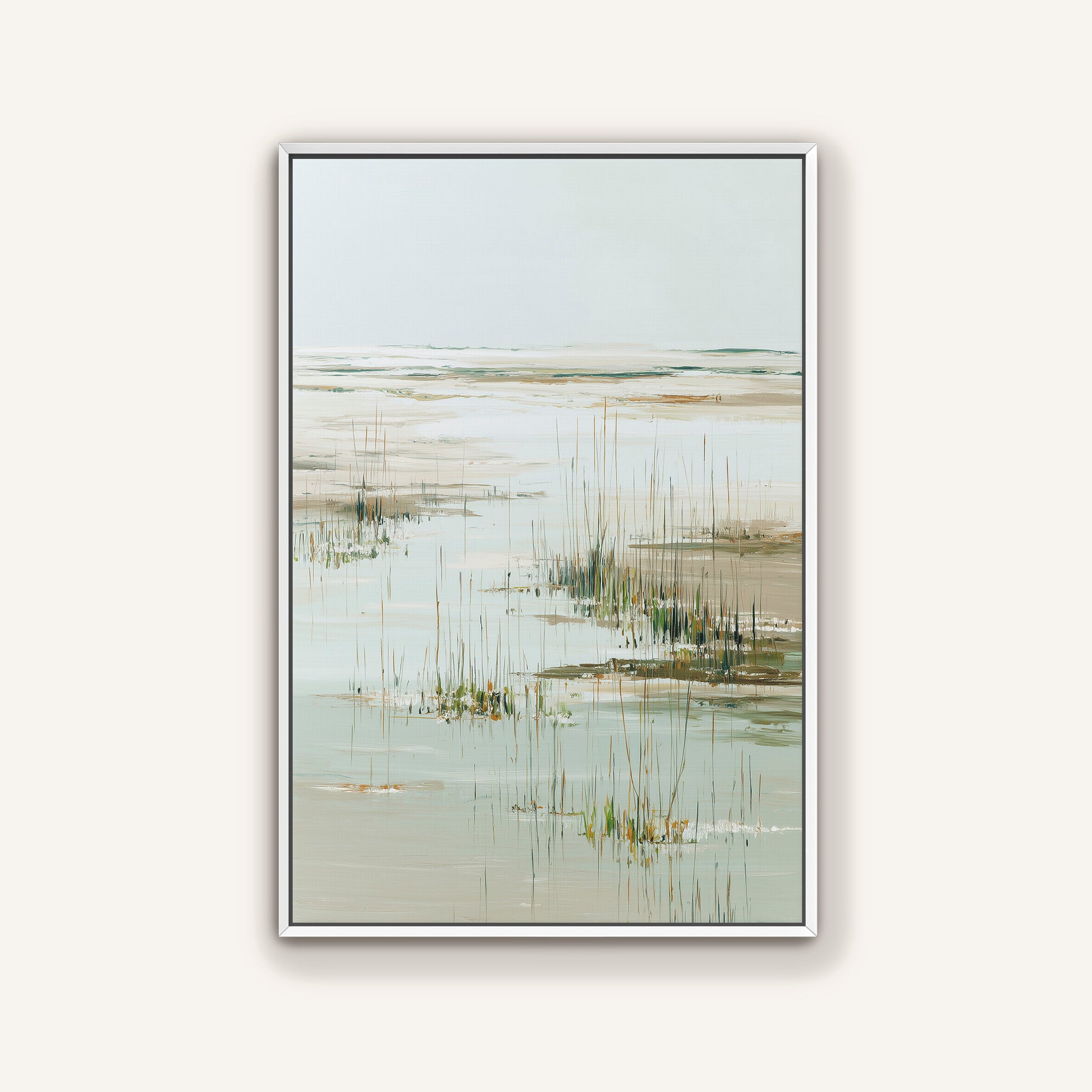 The image is a painting depicting a serene landscape with a body of water, possibly a lake or a pond, surrounded by tall grasses or reeds. The painting has a calming and peaceful atmosphere, with the colors predominantly being shades of green and gray.